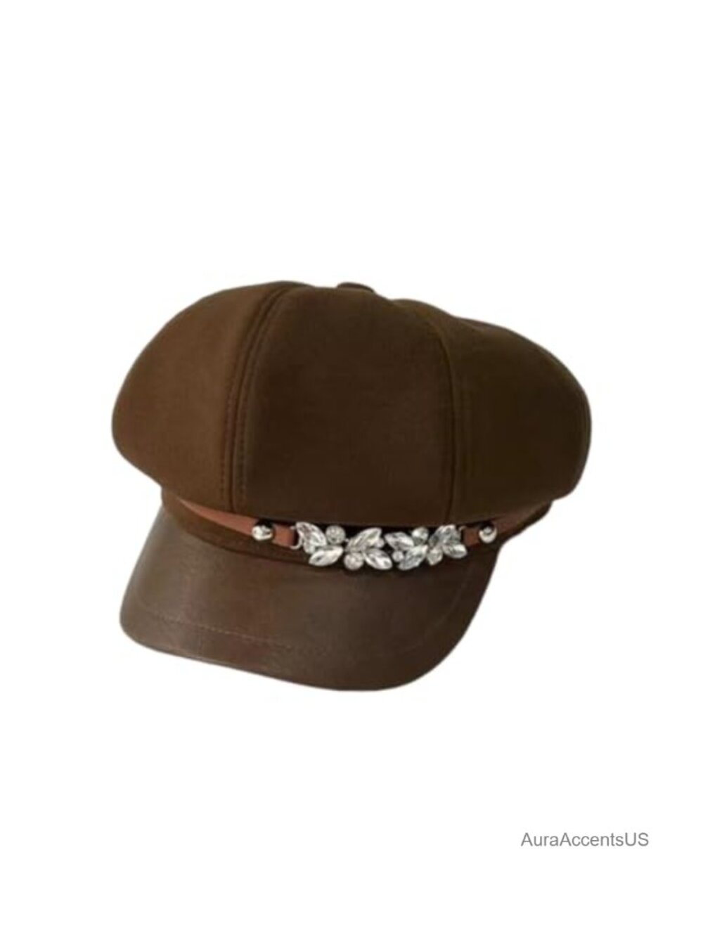 Women's Newsboy Cap PU Leather Brim Rhinestone Band Cabbie Beret Hat Adjustable